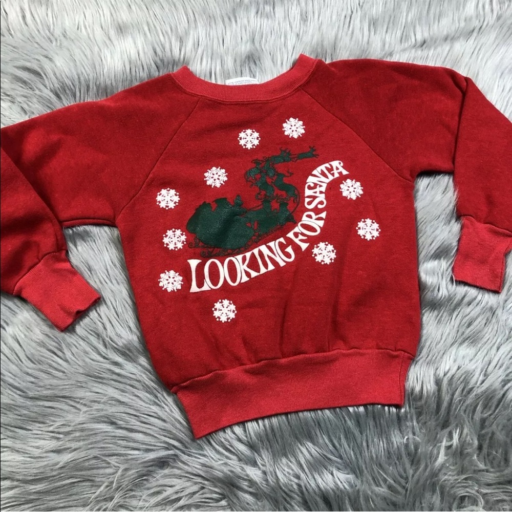Vintage 1988 Toddler Xmas Looking For Santa Red Crewneck Sweater